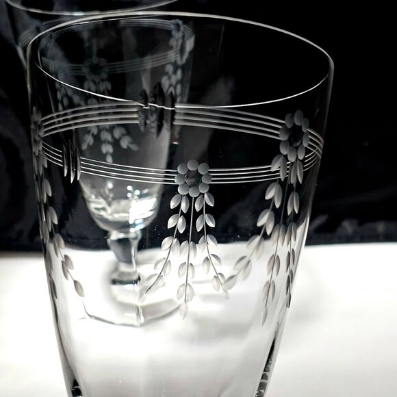 2 Art Deco Kusak Ice Tea Glasses 6.5" handcut flowers lines cut glass handblown - Picture 3 of 6